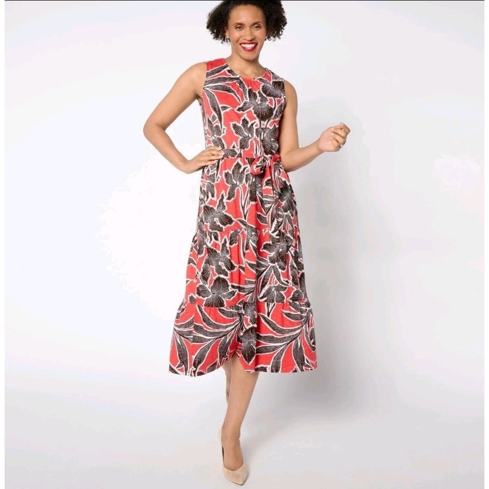 Denim & Co. Tiered Midi Dress Burnt Orange 1X P New Cotton Flax Linen Pockets